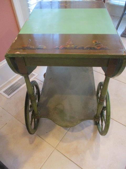Vintage  Green Lacquered Drop Leaf Tea Cart with Oriental Motifs