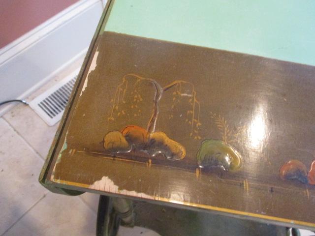 Vintage  Green Lacquered Drop Leaf Tea Cart with Oriental Motifs