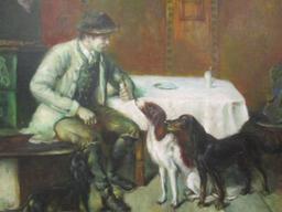 Signed Oil on Canvas Man and Dogs