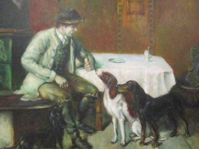 Signed Oil on Canvas Man and Dogs