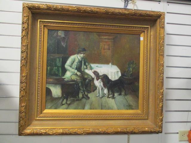 Signed Oil on Canvas Man and Dogs