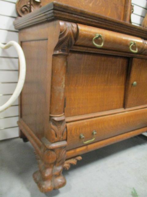 Tiger Oak Wash Stand with Paw Feet and Beveled Mirror