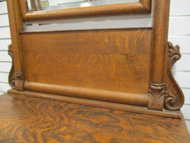 Tiger Oak Wash Stand with Paw Feet and Beveled Mirror