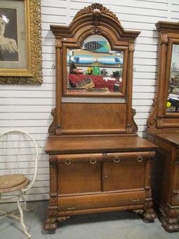 Tiger Oak Wash Stand with Paw Feet and Beveled Mirror