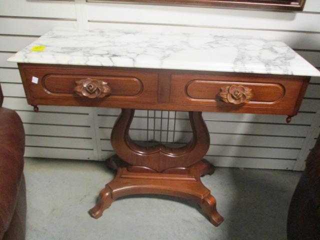 Marble Top Mahogany Harp Base Table