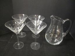 Crystal Pitcher And 4 Contemporary Shape Martini Glasses