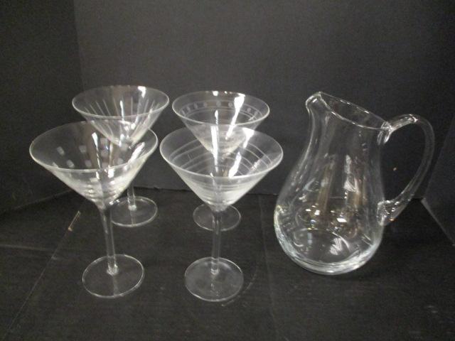 Crystal Pitcher And 4 Contemporary Shape Martini Glasses