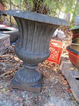 Pair of Heavy Cast Metal Urn Planters with Live Arborvitae Scrubs