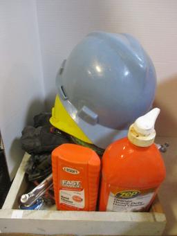 Wood Tray with Hardhats, Hand Cleaner, Door Closer, Misc. Hardware