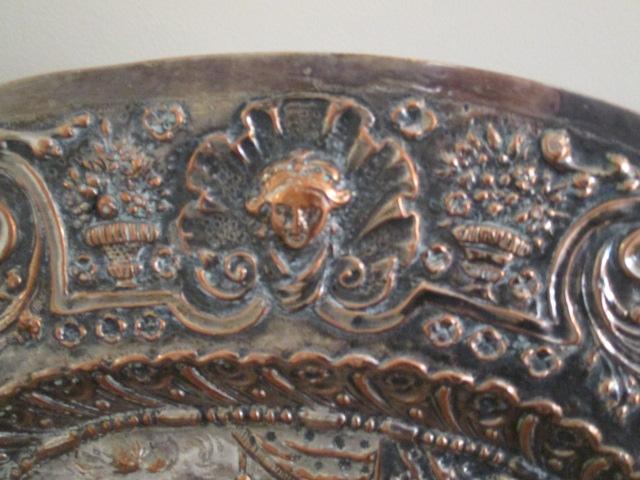 Vintage Relief Design Silver-Copper Oval Tray with Maiden and Cherub Motif