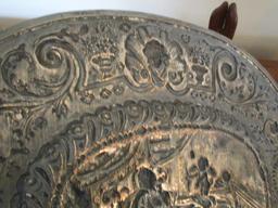 Vintage Relief Design Silver-Copper Oval Tray with Maiden and Cherub Motif