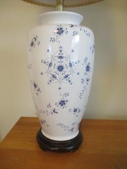 Blue and White Oriental Vase Lamp with Wood Base