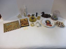 Paper Weights, Lacquered Plaques, Duck, Hand Painted Shade, etc.