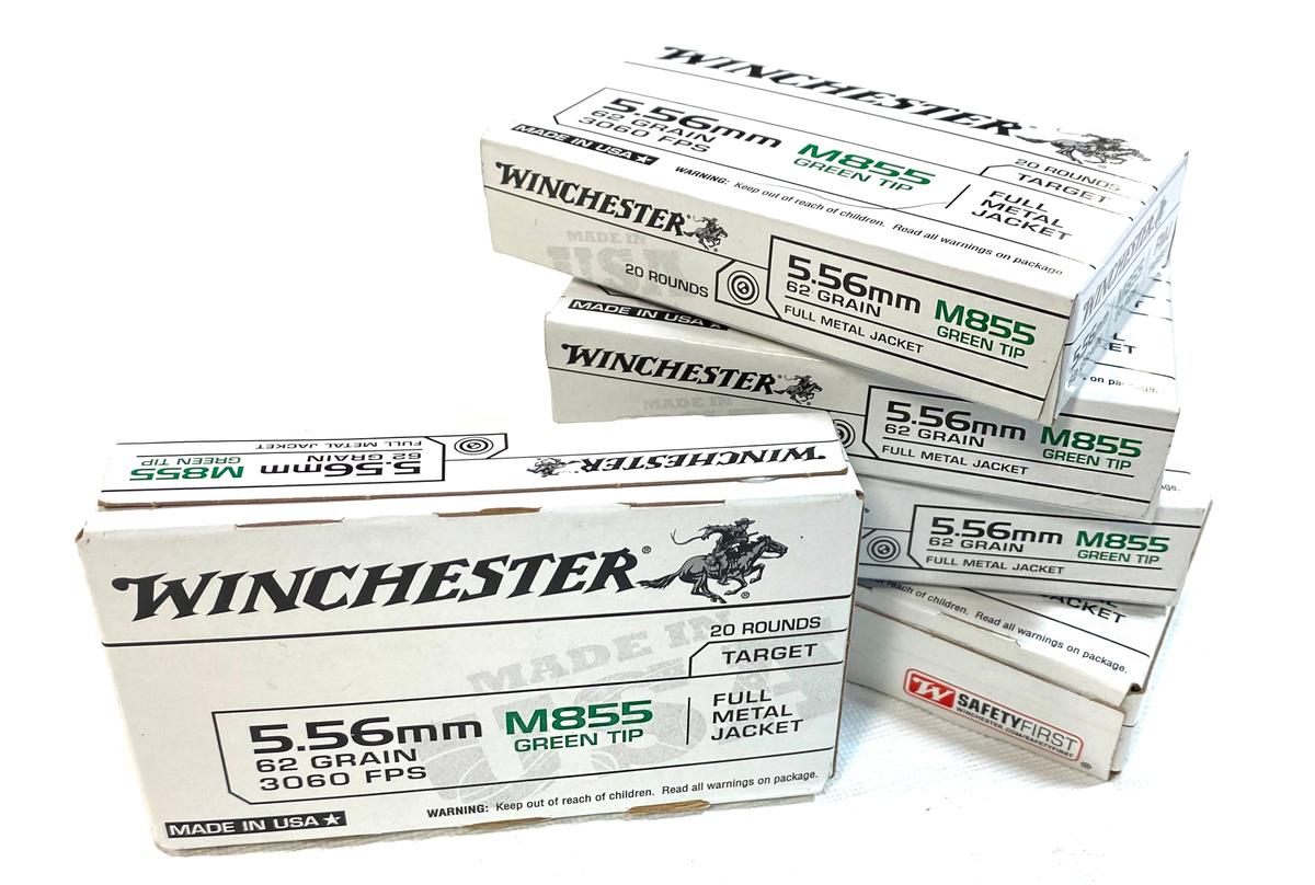 NIB 100rds. of 5.56MM - Winchester M855 Green Tip 62gr. FMJ Brass Ammunition