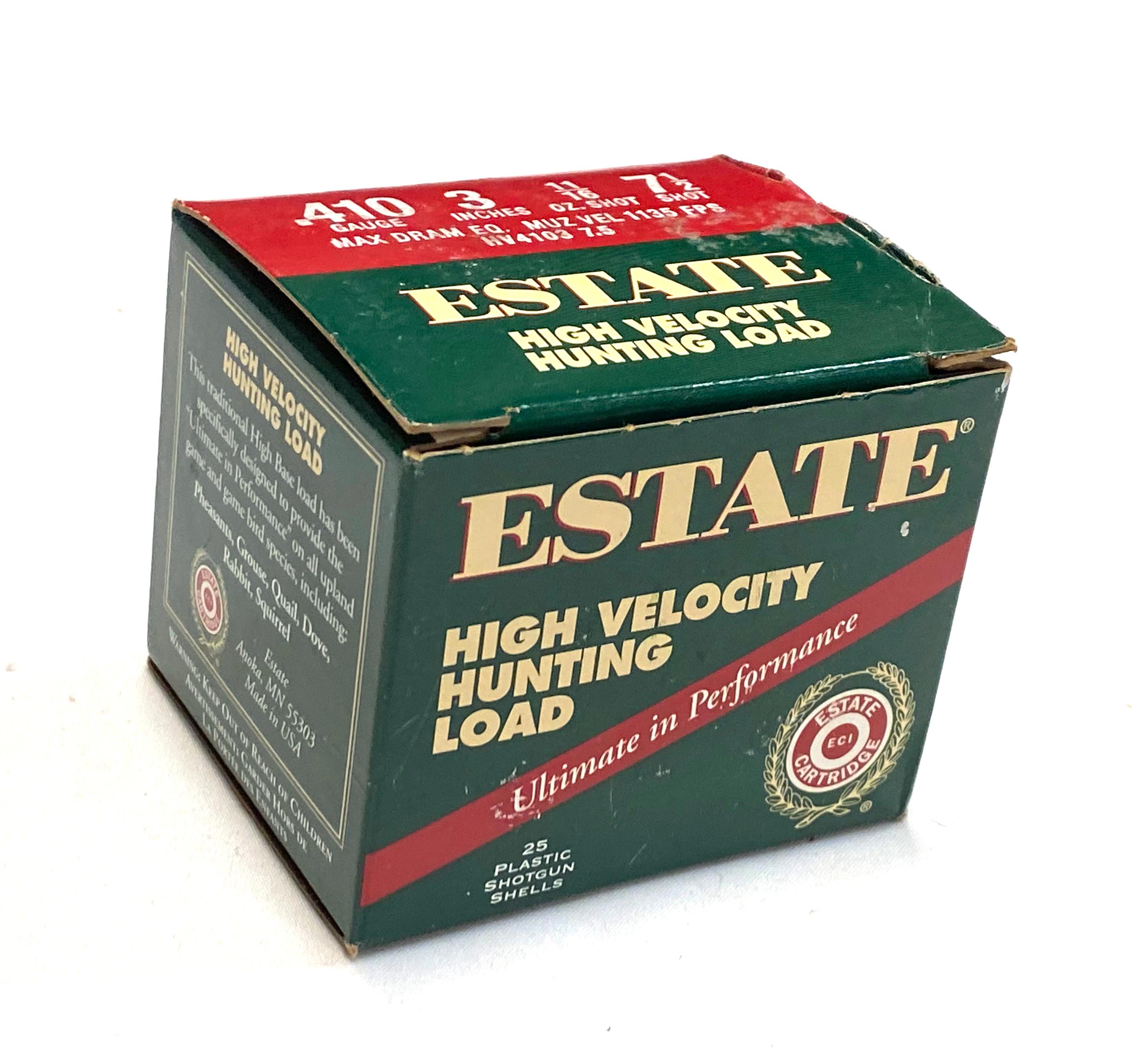 NIB 25 Shotshells of .410 GA. Ammunition - Estate HV Hunting Load 3" Length 7.5 Shot