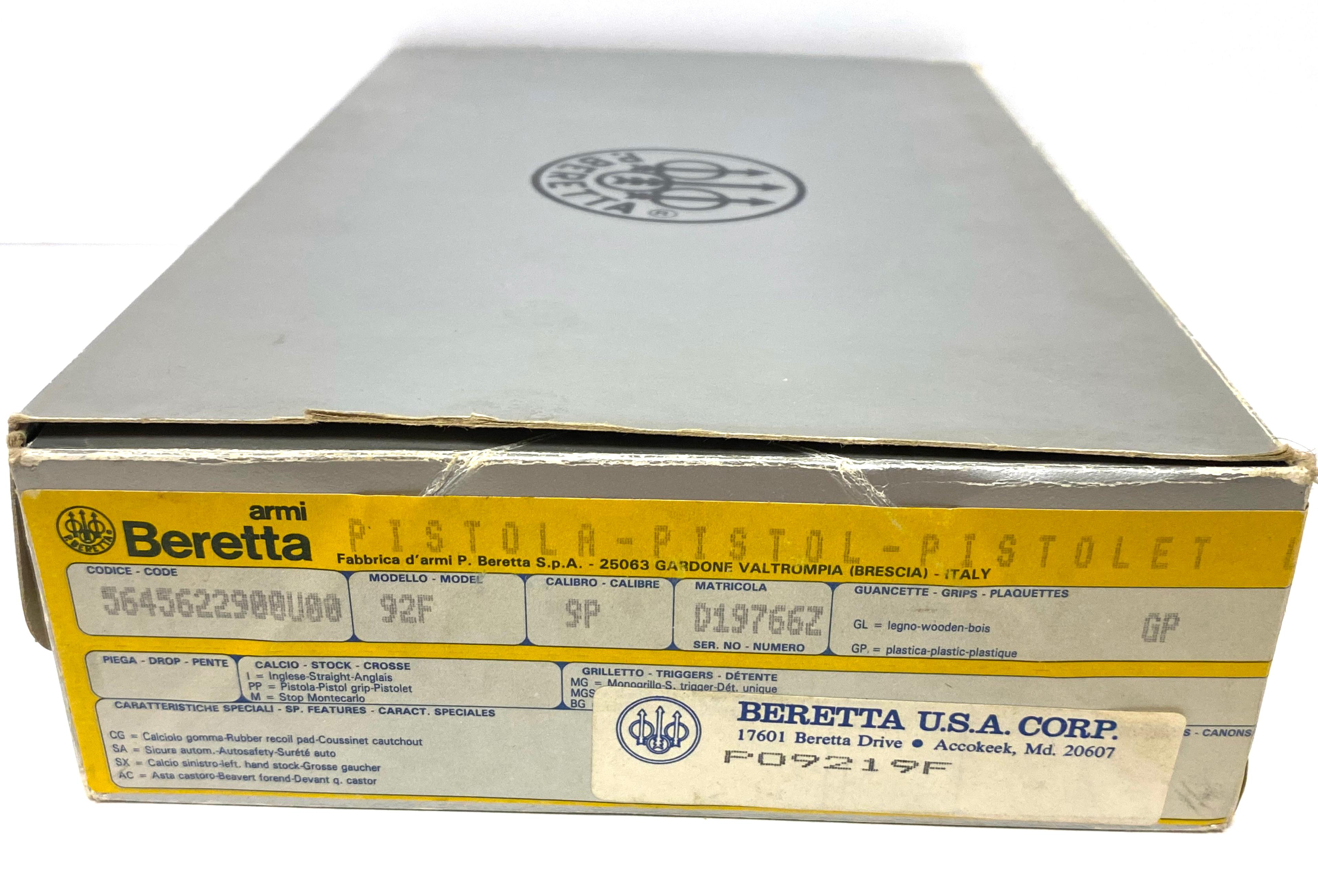 NIB P. Beretta Armi 92F 9MM Semi-Automatic Pistol