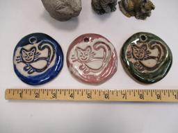 Carved Stone Cat Head, Three Pottery Smiling Cat Hobo Sign Window Hangers
