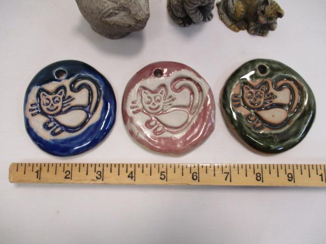 Carved Stone Cat Head, Three Pottery Smiling Cat Hobo Sign Window Hangers