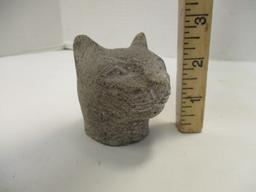 Carved Stone Cat Head, Three Pottery Smiling Cat Hobo Sign Window Hangers
