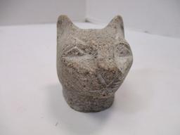 Carved Stone Cat Head, Three Pottery Smiling Cat Hobo Sign Window Hangers