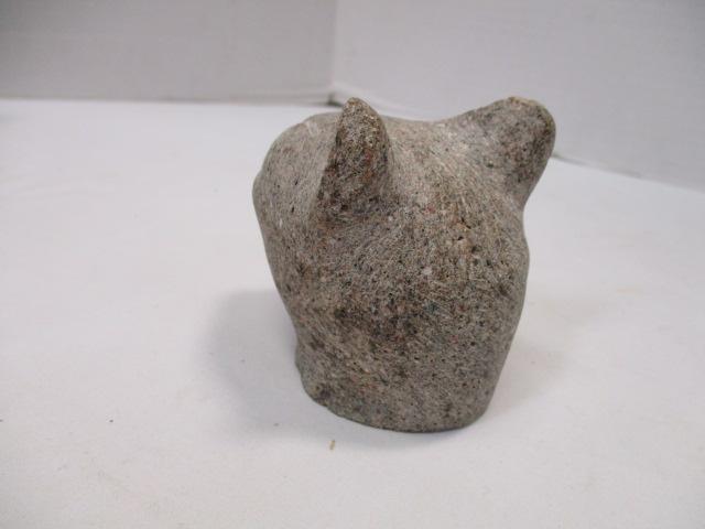 Carved Stone Cat Head, Three Pottery Smiling Cat Hobo Sign Window Hangers