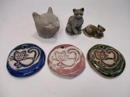 Carved Stone Cat Head, Three Pottery Smiling Cat Hobo Sign Window Hangers