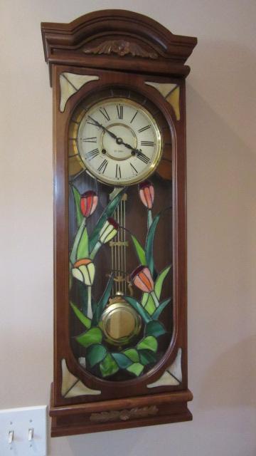 Carved Wood Korean 31 Day Pendulum Wall Clock with Stained Glass Front
