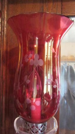 Pair of Cranberry Cut to Clear Electrified Mantle Lusters with Prisms