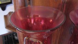 Pair of Cranberry Cut to Clear Electrified Mantle Lusters with Prisms