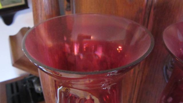 Pair of Cranberry Cut to Clear Electrified Mantle Lusters with Prisms