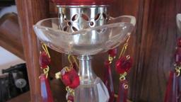 Pair of Cranberry Cut to Clear Electrified Mantle Lusters with Prisms