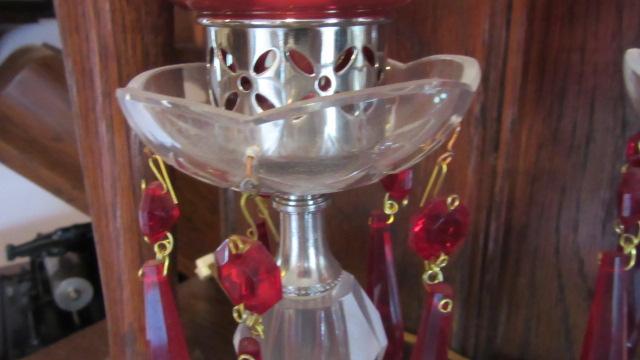 Pair of Cranberry Cut to Clear Electrified Mantle Lusters with Prisms