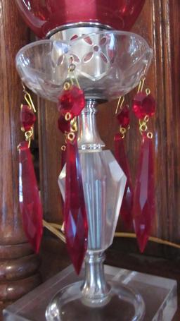 Pair of Cranberry Cut to Clear Electrified Mantle Lusters with Prisms