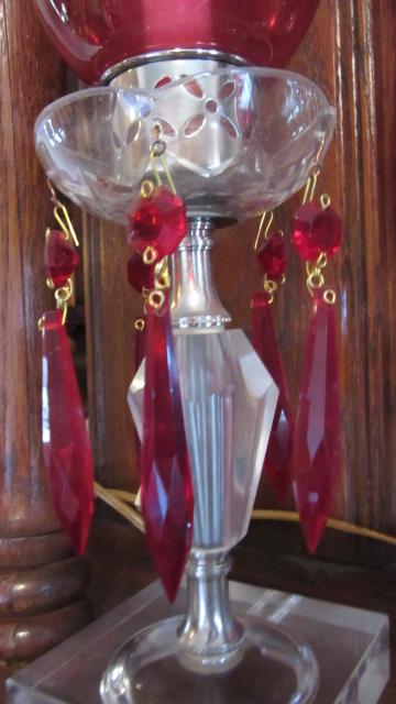 Pair of Cranberry Cut to Clear Electrified Mantle Lusters with Prisms