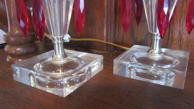 Pair of Cranberry Cut to Clear Electrified Mantle Lusters with Prisms
