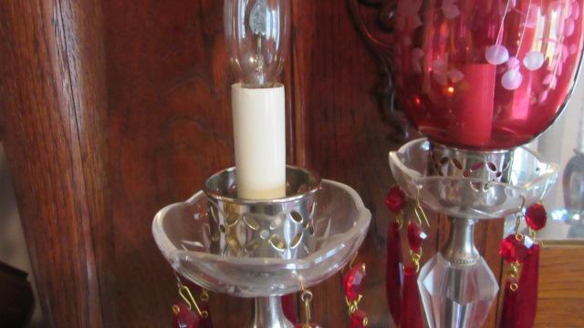 Pair of Cranberry Cut to Clear Electrified Mantle Lusters with Prisms