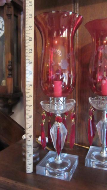 Pair of Cranberry Cut to Clear Electrified Mantle Lusters with Prisms