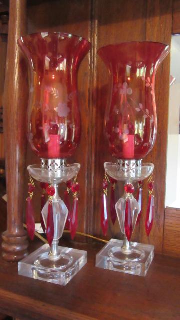 Pair of Cranberry Cut to Clear Electrified Mantle Lusters with Prisms