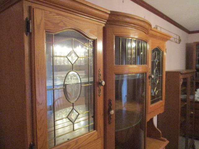 Oak Curved Breakfront 2 Piece Illuminated China Hutch with Glass Doors and Mirrored Back