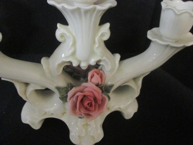Pair of Vintage Volkstedt Porcelain Roses Candelabras