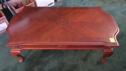 Solid Wood Coffee Table with Marquetry Medallion Design and Queen Anne Legs