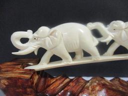 1940's Carved Ivory Elephant Train on Custom Carved Stand