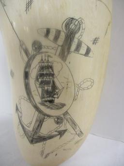 Vintage Signed Whale Tooth Ship and Anchor Scrimshaw