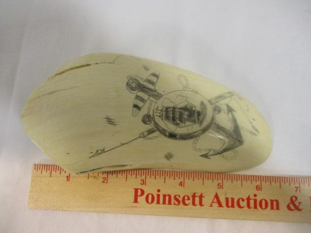 Vintage Signed Whale Tooth Ship and Anchor Scrimshaw