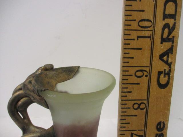 Satin Art Glass Vase with Molten Gilt Handle