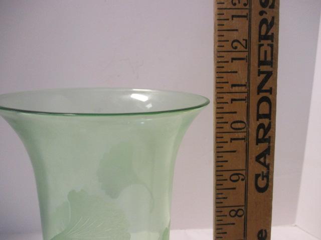 Etched Ginkgo Leaf Green Glass Footed Vase