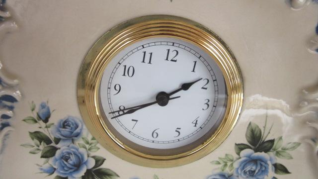 Retro Hand Crafted Ceramic Quartz Mantle Clock with Blue Rose Decal Transfers
