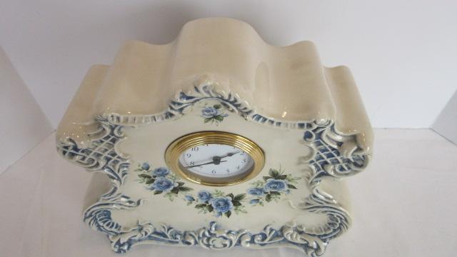 Retro Hand Crafted Ceramic Quartz Mantle Clock with Blue Rose Decal Transfers