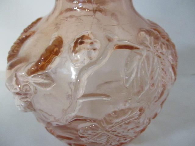 Vintage Tiffin Pink Glass Vase with Grape Leaf and Steer Head Relief