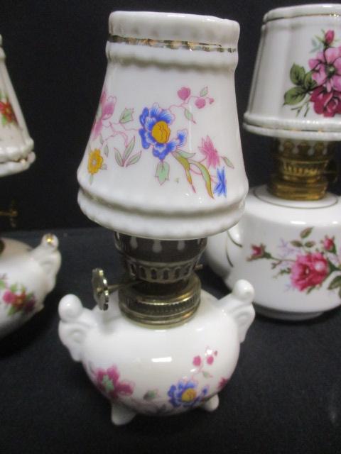 3 White w/Painted Flowers Oil Lamps